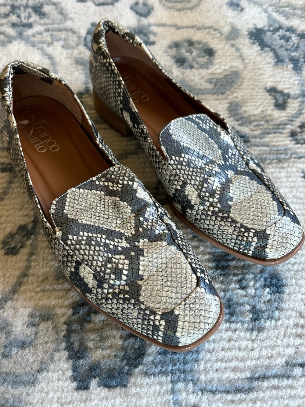 Franco Sarto Carlina Gray Black Snakeskin Slip On Point Square Toe Loafer Flats